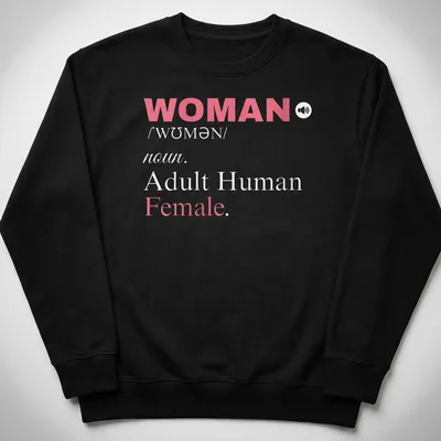 Bold typography t-shirt featuring a definition of womanhood in pink and white — printed on a unisex sweatshirt