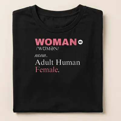 Bold typography t-shirt featuring a definition of womanhood in pink and white — printed on a women's shirt