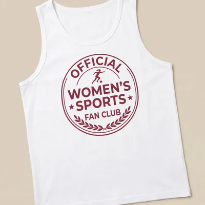 Vintage badge design with 'Official Women's Sports Fan Club' text in maroon and white. — printed on a tank top
