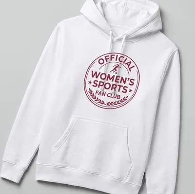 Vintage badge design with 'Official Women's Sports Fan Club' text in maroon and white. — printed on a unisex hoodie