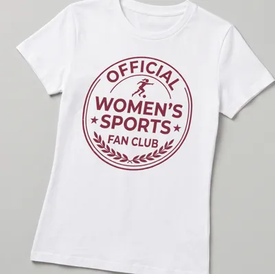 Vintage badge design with 'Official Women's Sports Fan Club' text in maroon and white. — printed on a women's shirt