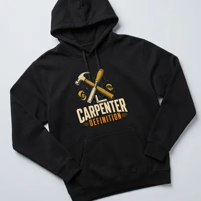 Vintage retro carpenter definition shirt featuring woodworking tools illustrations — printed on a unisex hoodie