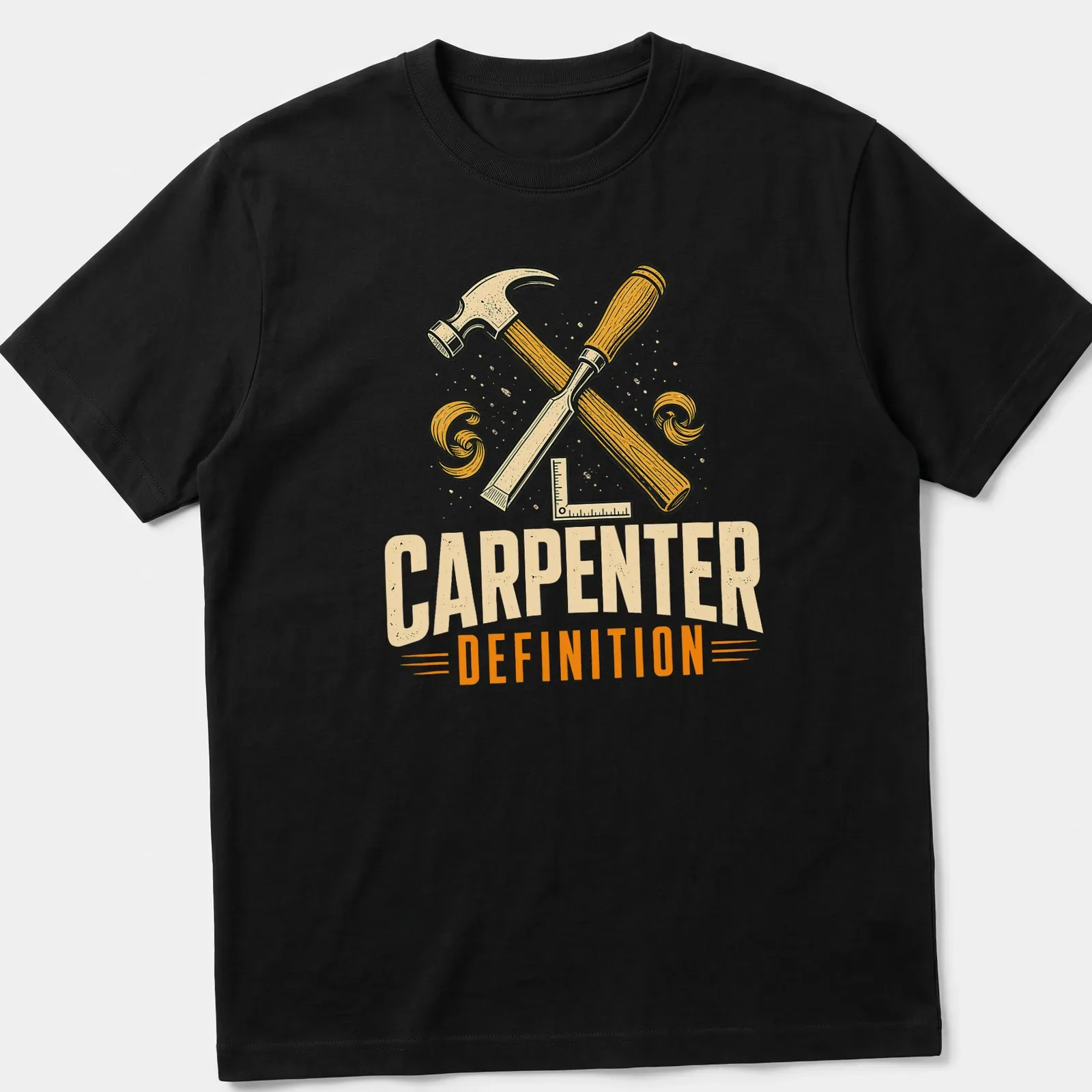 Vintage retro carpenter definition shirt featuring woodworking tools illustrations — printed on a unisex t-shirt