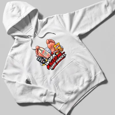 Cartoon t-shirt with feet, snacks, and drink, featuring humorous text about work — printed on a unisex hoodie