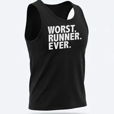 Funny graphic t-shirt depicting struggling runner with humorous text — printed on a tank top