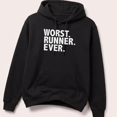 Funny graphic t-shirt depicting struggling runner with humorous text — printed on a unisex hoodie