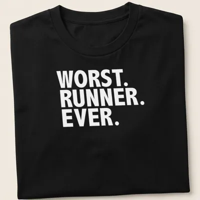 Funny graphic t-shirt depicting struggling runner with humorous text — printed on a unisex t-shirt