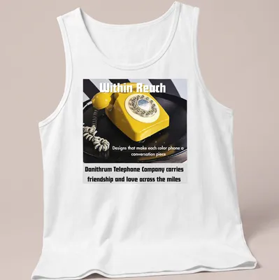 Graphic of a yellow rotary telephone with text about friendship and love — printed on a tank top