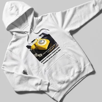 Graphic of a yellow rotary telephone with text about friendship and love — printed on a unisex hoodie