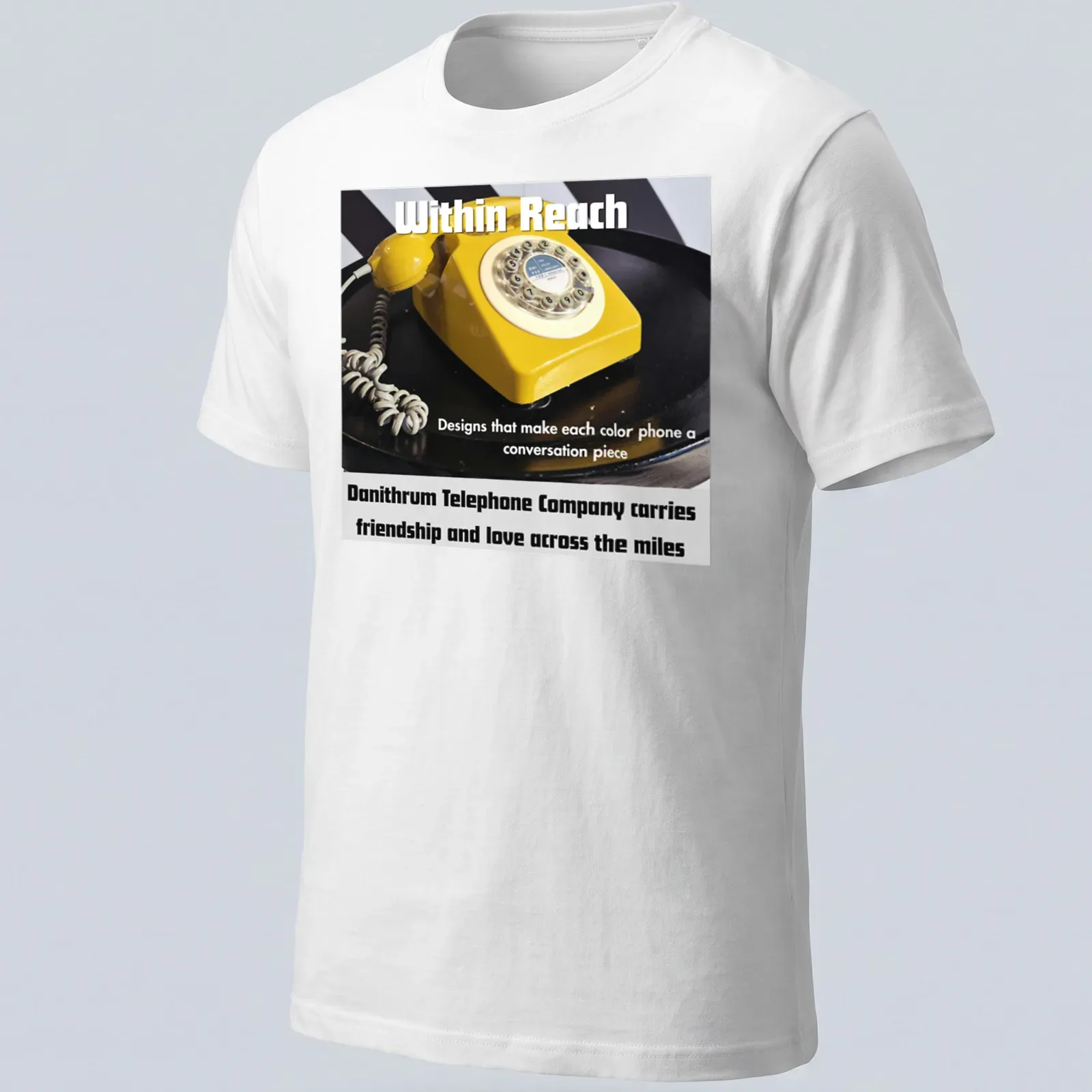Graphic of a yellow rotary telephone with text about friendship and love — printed on a unisex t-shirt