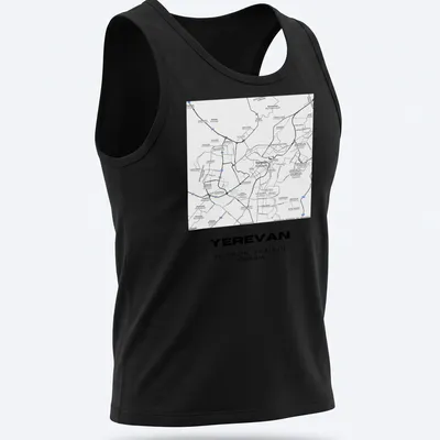 Minimalist Yerevan city map coordinates T-shirt in black and white typography — printed on a tank top