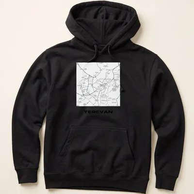Minimalist Yerevan city map coordinates T-shirt in black and white typography — printed on a unisex hoodie