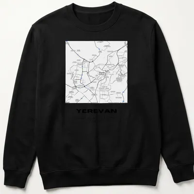 Minimalist Yerevan city map coordinates T-shirt in black and white typography — printed on a unisex sweatshirt