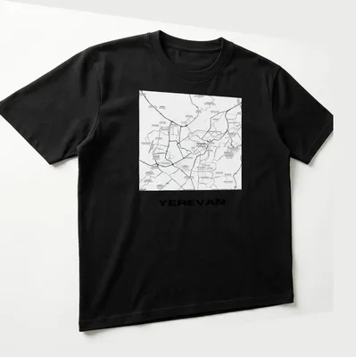 Minimalist Yerevan city map coordinates T-shirt in black and white typography — printed on a unisex t-shirt (angled view)