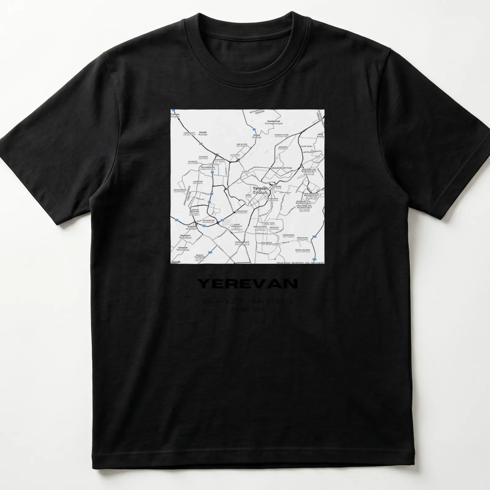 Minimalist Yerevan city map coordinates T-shirt in black and white typography — printed on a unisex t-shirt