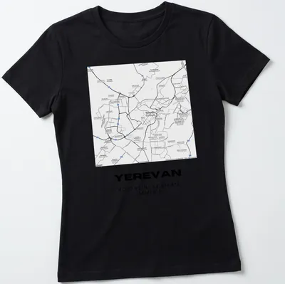 Minimalist Yerevan city map coordinates T-shirt in black and white typography — printed on a women's shirt