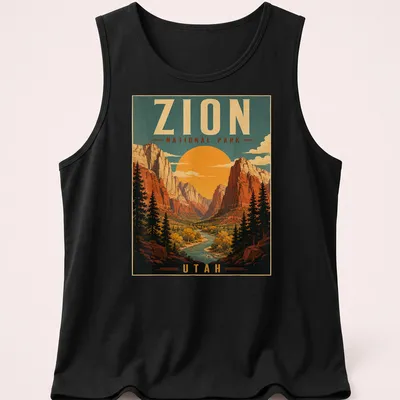Vintage poster style Zion National Park t-shirt with colorful rock formations — printed on a tank top