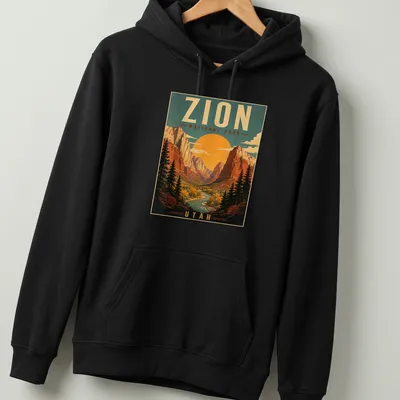 Vintage poster style Zion National Park t-shirt with colorful rock formations — printed on a unisex hoodie