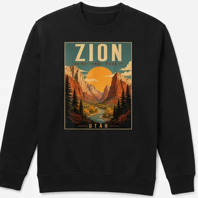Vintage poster style Zion National Park t-shirt with colorful rock formations — printed on a unisex sweatshirt