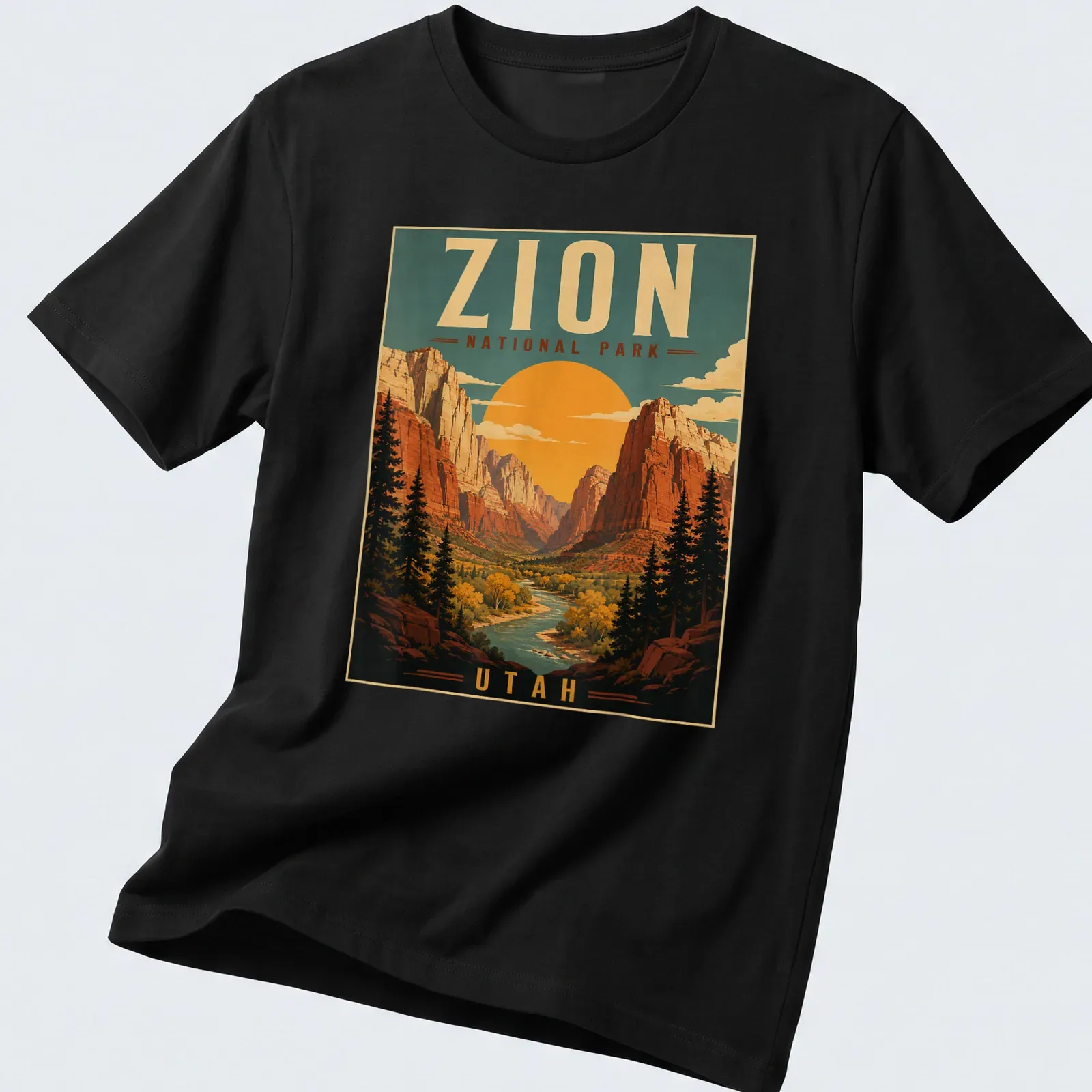 Vintage poster style Zion National Park t-shirt with colorful rock formations — printed on a unisex t-shirt