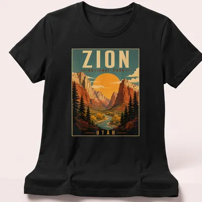 Vintage poster style Zion National Park t-shirt with colorful rock formations — printed on a women's shirt