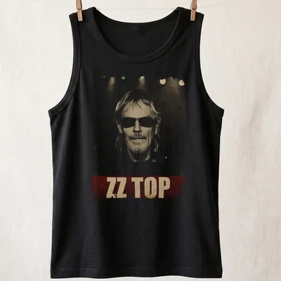 Vintage distressed t-shirt featuring a bold ZZ Top print with Frank Beard's illustration — printed on a tank top
